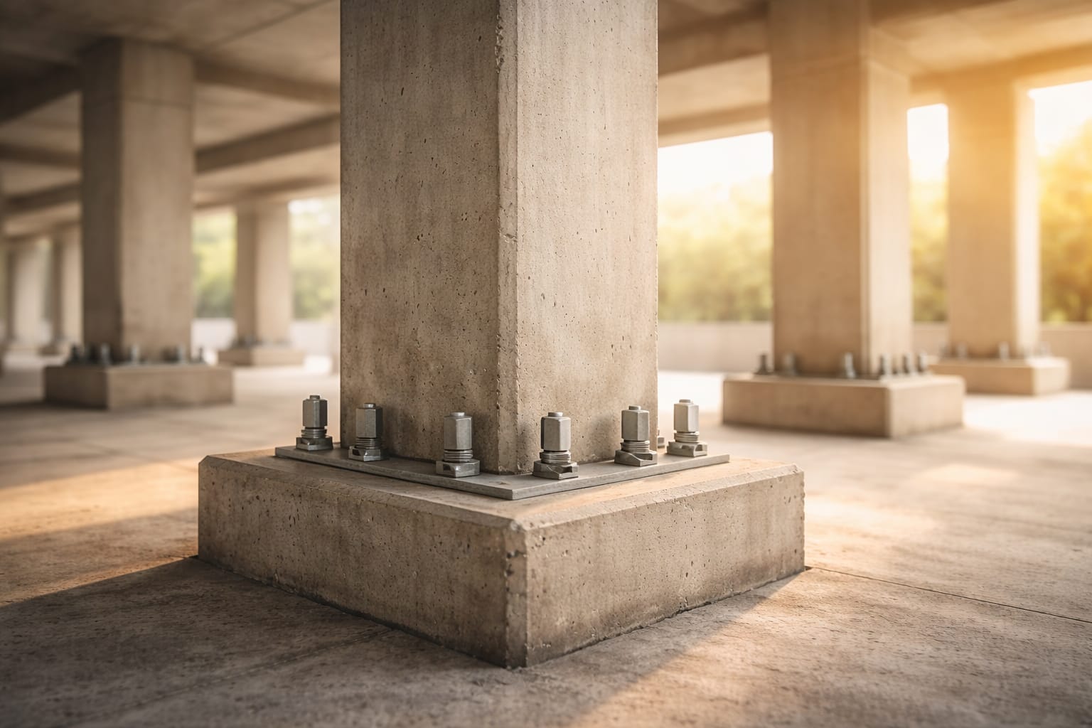 Close-up of a concrete pillar base secured with bolts, set in a well-lit environment with additional pillars visible in the background.