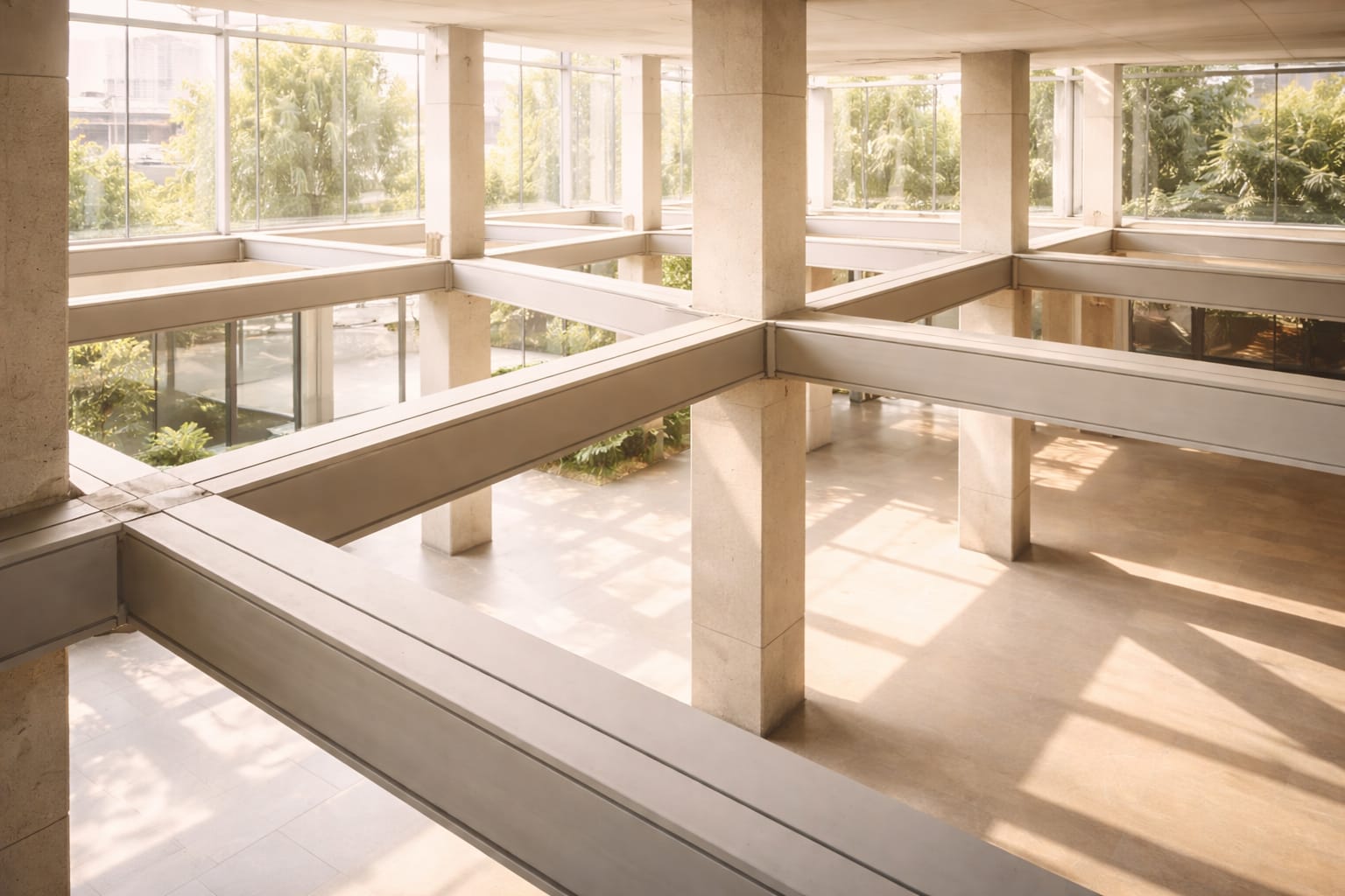 Interior view of a spacious modern building with beams and columns that metaphorically highlight the financial and workforce foundations required in an aged care and NDIS organisation.