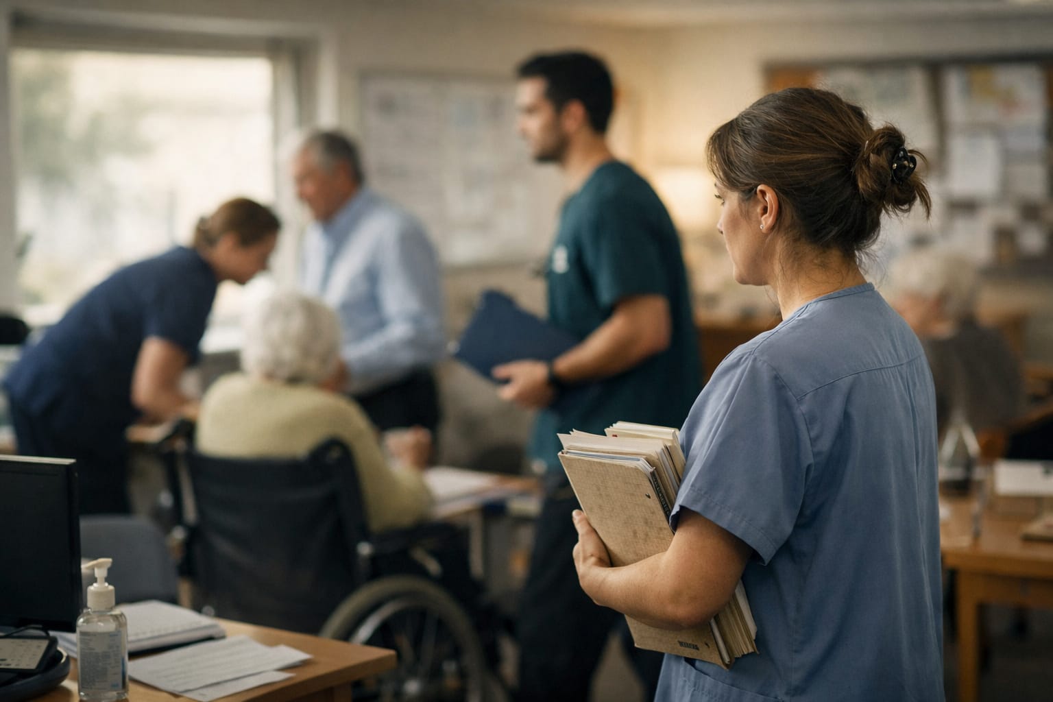 Aged care professionals interacting in a residential aged care facility requiring strengthening of financial and workforce foundations.