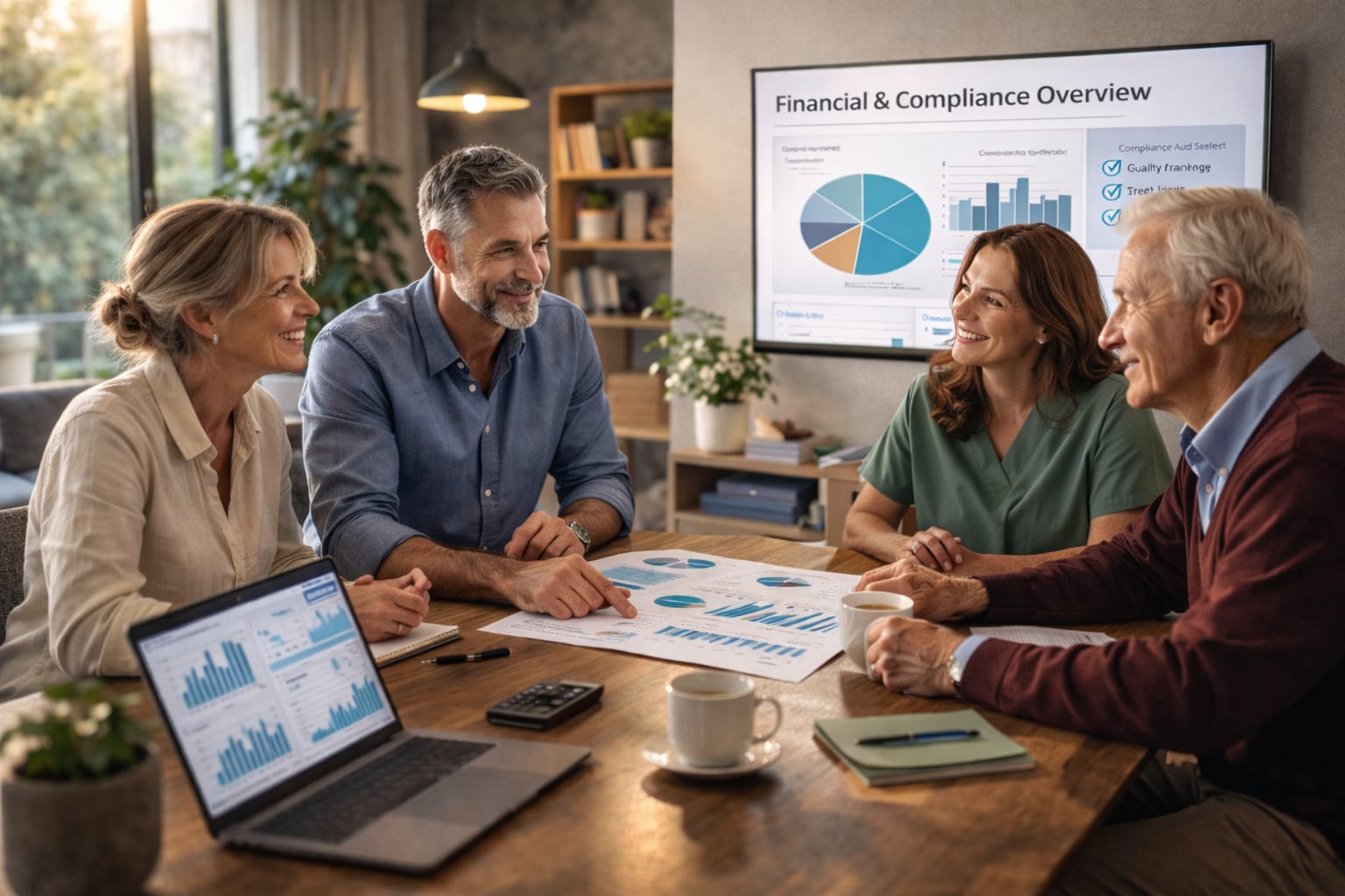 Aged Care and NDIS professionals engaged in a discussion around a table covered with financial and compliance documents who are seeking to strengthen their financial and workforce foundations.