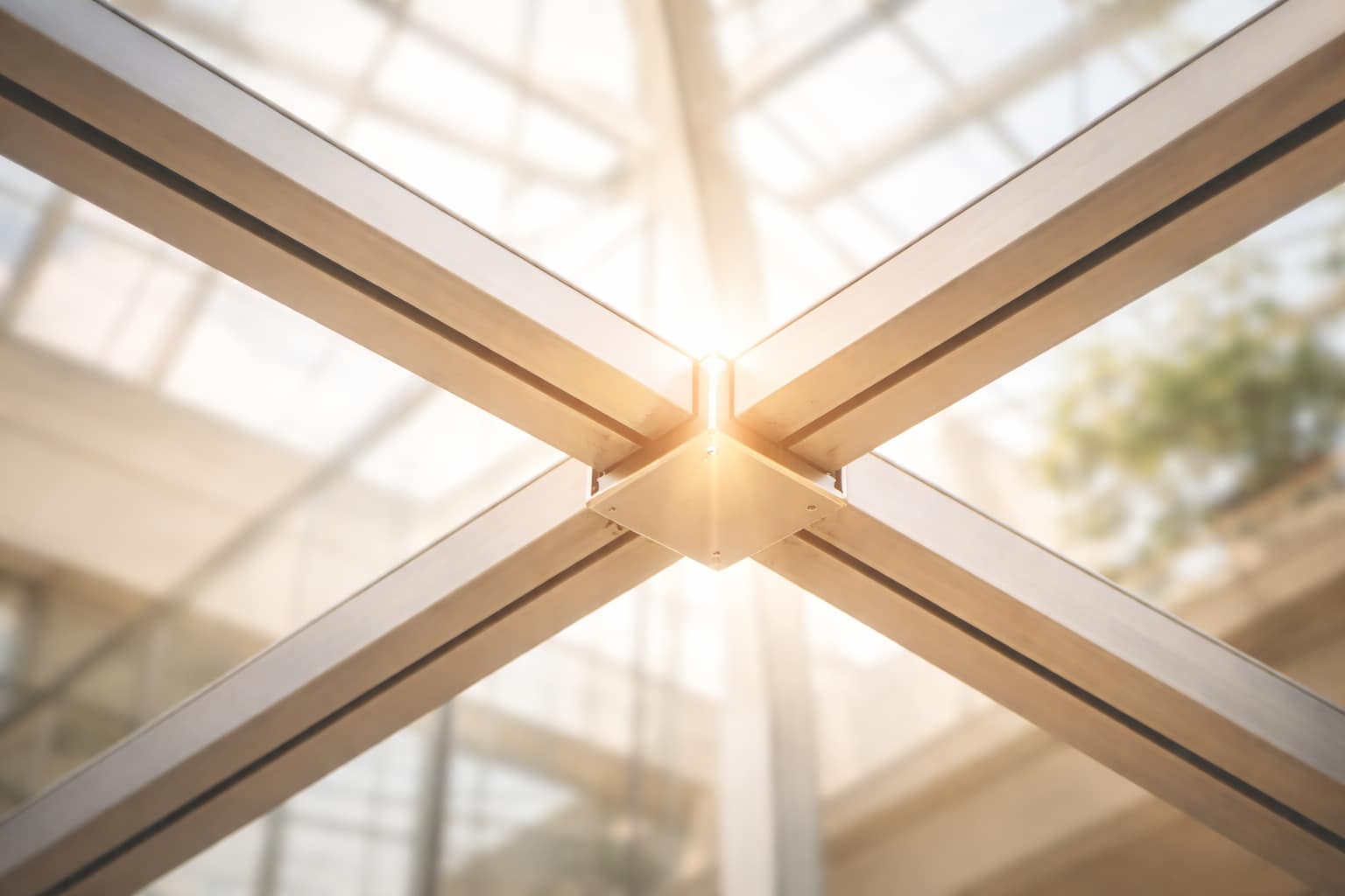 Close-up of a metal cross-section in a modern glass structure, with sunlight filtering through.