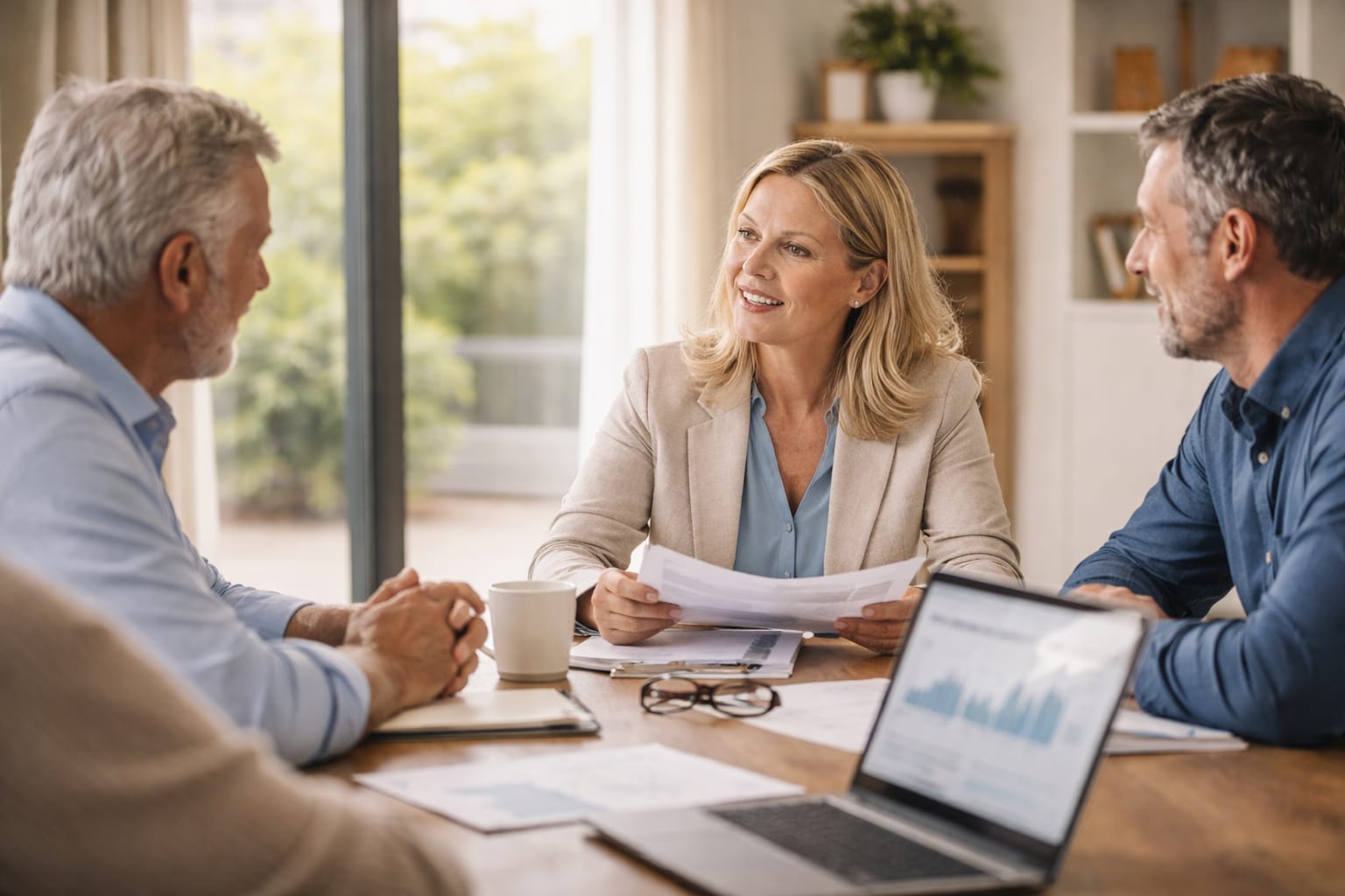 A business meeting featuring three aged care and NDIS professionals engaged in discussion on financial and workforce sustainability. A laptop displaying financial charts is on the table, alongside compliance documents and a coffee cup.